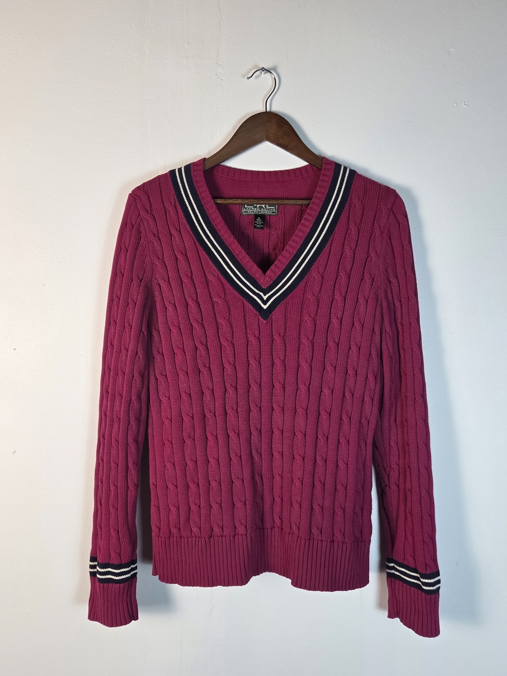 Vintage Ralph Lauren Pink Cable Knit Cricket Sweater XL Y2K Preppy Academia
